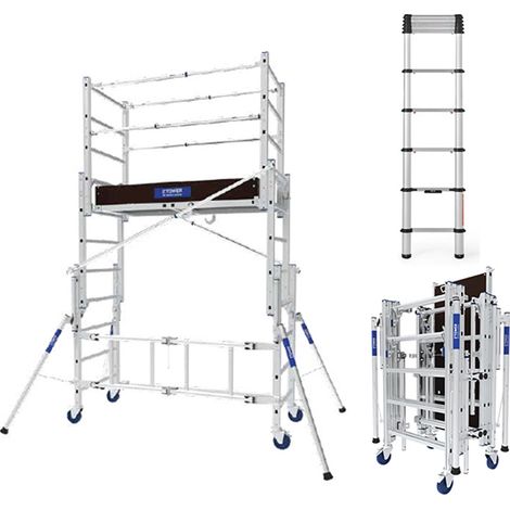 Echafaudage roulant pliant - Hauteur max. de travail 3.80m + Echelle télescopique 2.60m - 22407420/TEL20126 (1/5)