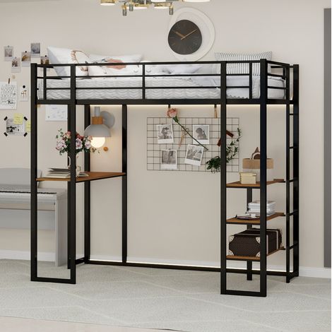 lit adulte mezzanine bureau rangement 90x190 fer noir HAVRYA (1/5)