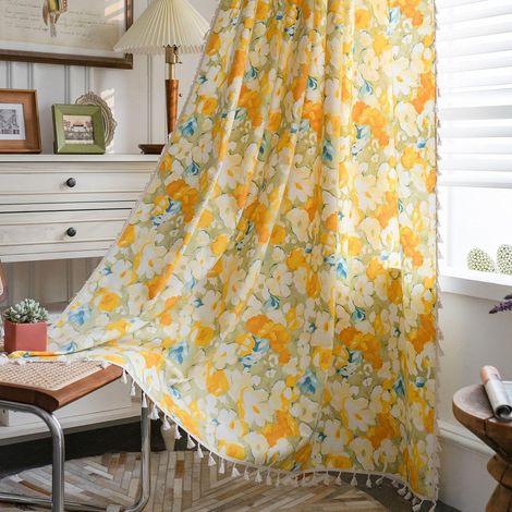 JSSEVN - Beige and yellow curtains with eyelets, cotton linen, floral print, country style, 150x200 cm x 1pc (with eyelets) (1/4)