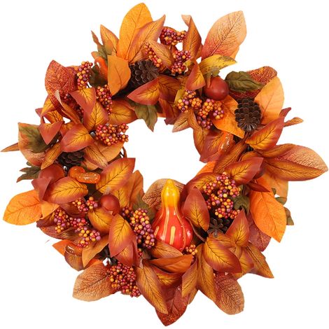 Couronne D'automne - Couronne De Porte 45 Cm - Avec Citrouilles Fausses Pommes De Pin Baies Et Feuilles D'érable - Décoration Pour Thanksgiving Halloween Et Récolte (1/5)