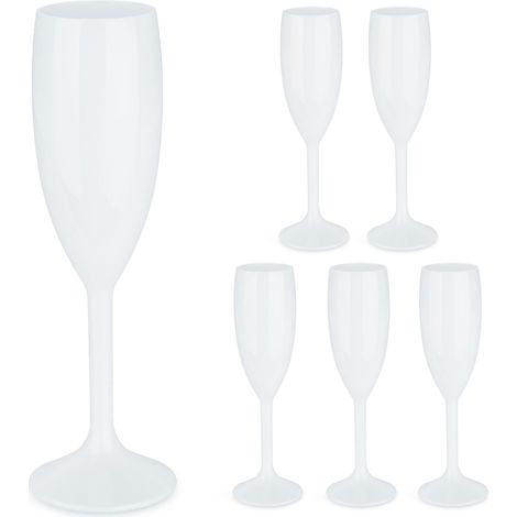 Relaxdays, Plastic Champagne Flutes, Set of 6, Shatterproof, BPA Free, 160 ml, Reusable Wine Glasses, for Parties, White