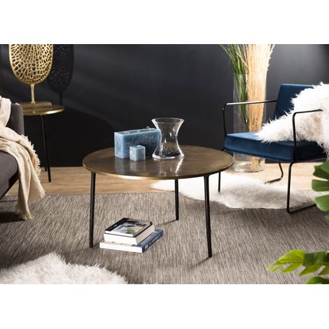 JOHAN - Table basse ronde 80x80cm plateau aluminium doré pieds noirs (1/5)