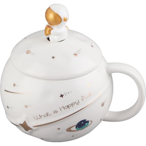 Tasse astronaute 400ml mignonne originale céramique blanche avec couvercle cuillère anse ergonomique pour café thé lait (1/5)