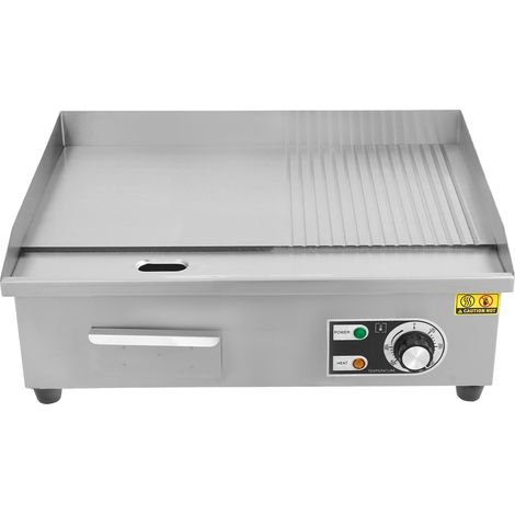 Grill électrique professionnel 55 x 43 x 24 cm, surface de cuisson semi-plate, température réglable, grill de restaurant en acier inoxydable avec deux spatules et deux brosses, 3000 W.