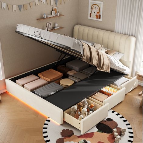 Polsterbett 140x200 cm Beige mit hydraulischem Bettkasten, 3 Schubladen und LED-Licht (1/5)