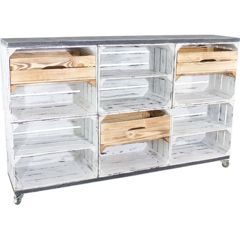 Kommode/ Raumtrenner aus 6 shabby weißen Kisten mit 3 geflammten Schubladen sowie 2 Bohlenbrettern auf Rollen, 150x93x30 (1/3)