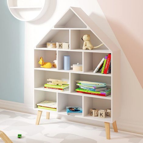 Woltu – Étagère à livres enfant 80x24x116cm – 11 compartiments ouverts – Construction en MDF E1 avec pieds en bois massif – Vernis à l'eau