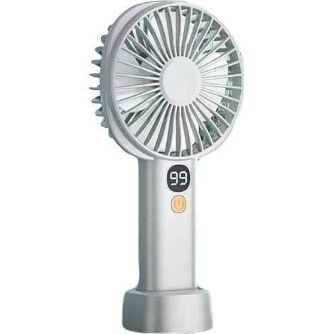 White portable fan, compact and practical, rechargeable, powerful 5-speed setting, battery level indicator, with desktop base (1/5)