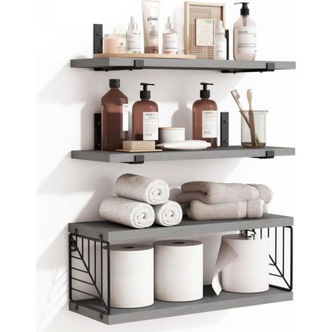 Étagères flottantes de salle de bain à 3 niveaux et 1 niveaux, étagères rustiques en bois de 40 cm, décoration murale pour salle de bain, salon, chambre et cuisine (gris) (1/5)