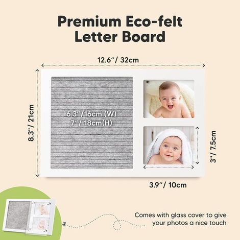 Una tavoletta alfabetica in feltro per monitorare la crescita del bambino, abbinata a un album fotografico in legno: un regalo personalizzato per le neomamme (Takayama White). (1/4)