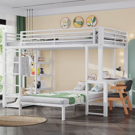 Lit superposé 90x200 cm 2 couchages, bureau intégré, étagères rangement vêtements, prises USB Type-C, structure fer, blanc (1/5)