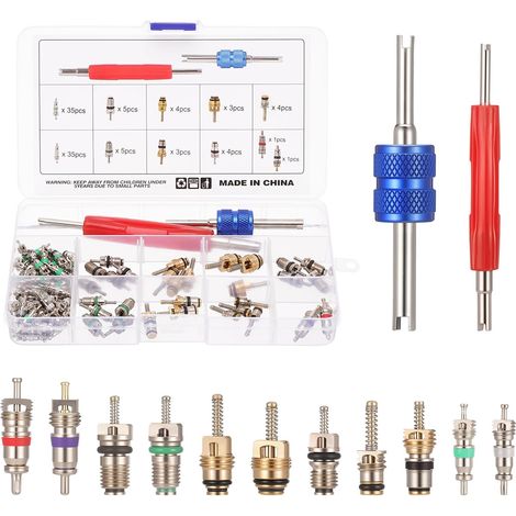 Kit d'outils de démontage de valve de climatisation R12 R134a 102 pièces pour climatisation, réfrigération et pneus de voiture (1/5)
