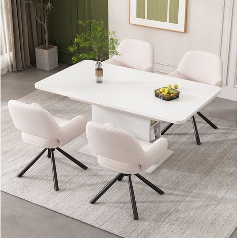 Ensemble de salle a manger en panneaux de particules et Sherpa blanc, 4 places, extensible avec rangement (1/5)
