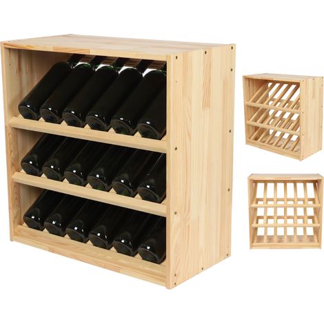 Range-bouteilles 3 rayons inclinés en pin massif – Dimensions 60x60x30 cm – Capacité 3 niveaux – Montage simple en pièces prémesurées