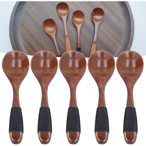 Cuillère en bois à manche droit de style japonais avec fil enroulé, petite cuillère à manche droit, couverts avec fil enroulé noir. (1/5)