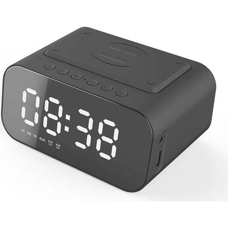 Digitales Radiowecker mit kabelloser Ladefunktion, 15-W-Schnellladegerät für iPhone/Android, USB-Ladeanschluss und LED-Display mit einstellbarer Helligkeit, Netzbetrieb und Akku. (1/5)