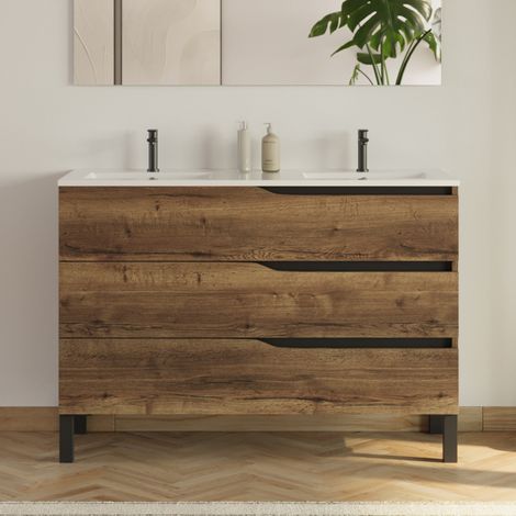 Meuble de salle de bain 120cm avec plan double vasque - 3 tiroirs - sans miroir - tabaco (chêne foncé) - MATA (1/4)