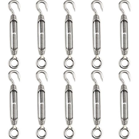 Ensemble de 10 tendeurs de câble réglables M4 en acier inoxydable avec crochet et œillet, robustes (1/5)