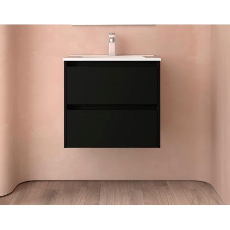 Noja meuble sous-lavabo 600 2 tiroirs + lavabo Noir Satiné (1/4)