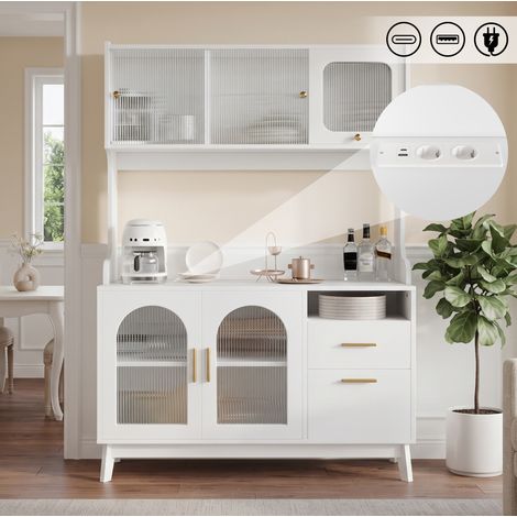 Credenza alta 120 x 40 x 178 cm con presa integrata, porte USB-A e USB-C, bianca DESVIAE (1/5)