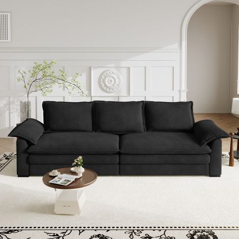 Canapé 3 Places en Velour Côtelé,Canapé de Salon avec 2 oreillers d'accoudoir,Amovible et Lavable,Montage Facile,265x86x88cm,Noir,Pour Salon,Bureau (1/5)