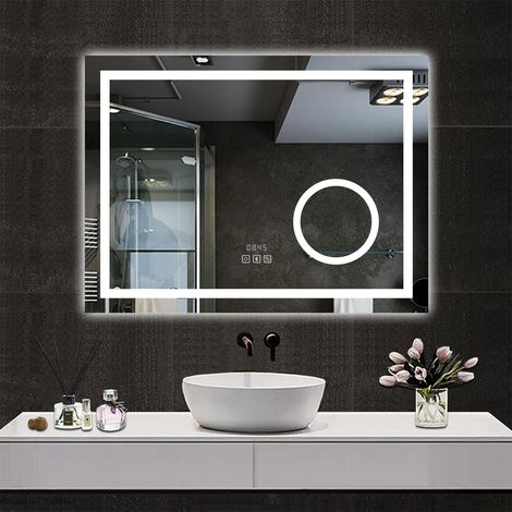 Aica Sanitarios Espejo de baño con luz LED,luz con tres colores+ brillo ajustable+ antivaho+ bluetooth+ lupa 3x+ reloj digital,80 x 60 cm. (1/5)