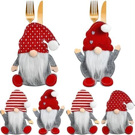 Porte Couverts de Noël, 6 Pièces Porte Couverts en Feutre de Noël, Père Noël Sac à Couverts pour Couteaux, Fourchettes et Cuillères, Décoration de Table Noel Deco (1/5)