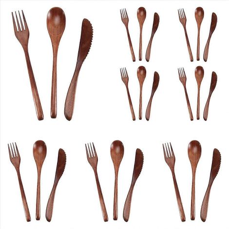 Cuillère, fourchette et couteau en bois, lot de couverts pour cuisine, service de table complet 24 pièces, ustensiles écologiques et durables pour repas quotidiens. (1/5)