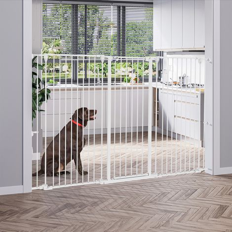 Barrière de sécurité pour chien en acier blanc pliable à 3 panneaux, double verrouillage et porte intégrée pour porte et escalier (1/5)