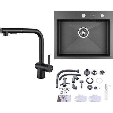 Fregadero de Cocina 55 x 45cm + Grifo de cocina con ducha extraíble en Acero inoxidable Negro, con Dispensador de Jabón 300ml y Sifón set