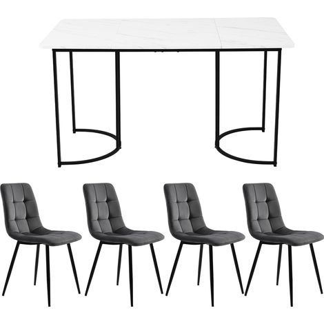 Ensemble de salle à manger 5 pièces avec table 140×80 cm plateau MDF effet marbre et 4 chaises en velours gris foncé à pieds métal noir (1/5)