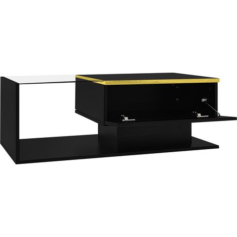 Mesa de centro negra brillo alto de 90 cm con vidrio templado y LED HOMVRA (1/5)