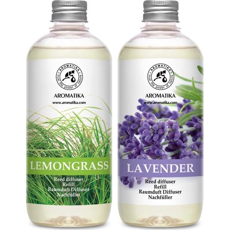 Recharge Diffuseurs de Parfum аvec Arôme Lemongrass & Arôme Lavande - 2x500ml - Fragrance Fraîche et Durable - pour Aromathérapie - Spa - Bain - Fintess - Club - Restaurant - Boutique (1/5)