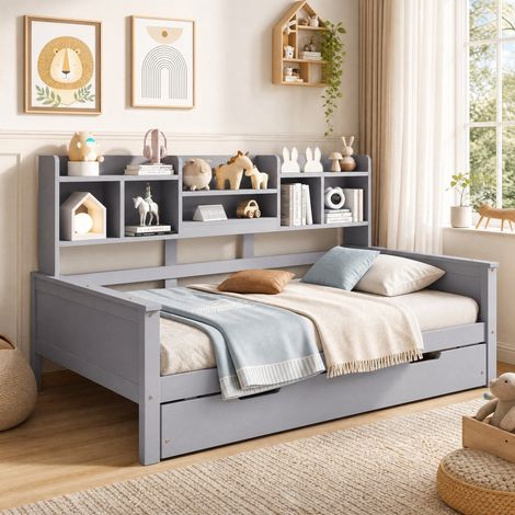 Cama nido infantil 90x200 cm de madera gris con almacenaje FloraGrace