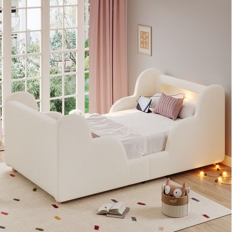 Lit enfant 90/200 cm beige en bouclette avec barrières rembourrées, veilleuse et ports USB (1/5)