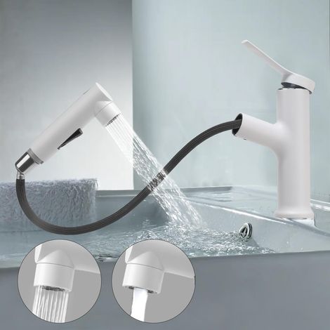 Robinet Salle de Bain avec Douchette Extractible Mitigeur Lavabo a 3 Modalità de Pulvérisation Cartouche Monocommande Miscelatore Eau Chaude et Froide en Céramique Blanc (1/5)
