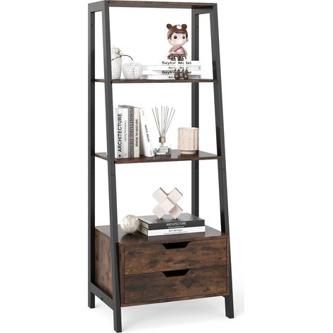 COSTWAY Scaffale a Scala, Libreria in Legno a 4 Ripiani con 2 Cassetti, Scaffale Salvaspazio da Terra per Camera da Letto, Studio, Ufficio e Soggiorno, 52 x 39,5 x 134 cm (Marrone) (1/5)