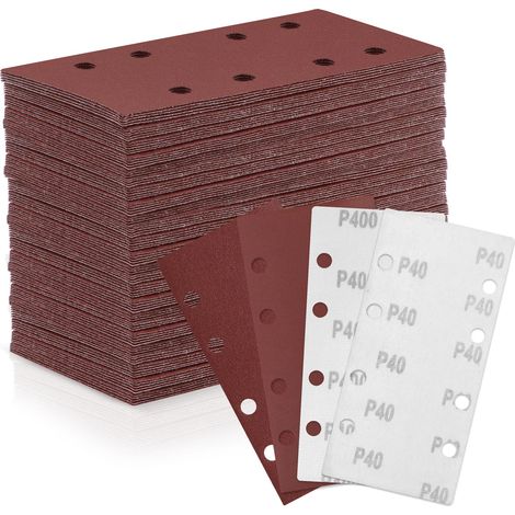 Lot de 100 feuilles abrasives 93 mm x 185 mm - Grain 40/80/120/240/400 - 8 trous - Papier de verre avec velcro - Différents accessoires - Matériaux pour ponceuse orbitale (1/5)