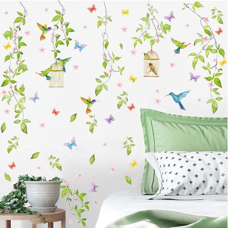 Sticker Muraux Feuille Verte,Sticker Mural Nature Feuilles Tropicales de Vigne,Autocollant Mural de Fleurs,Autocollant Mural Papillons Colorés,Sticker Mural Oiseaux de Salon Couloir Chambre (1/5)