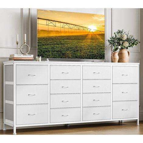 Meuble TV 160 cm coloris White Leather 14 tiroirs tissu grand rangement, prises USB moderne montage facile kit anti‑basculement salon chambre (1/5)