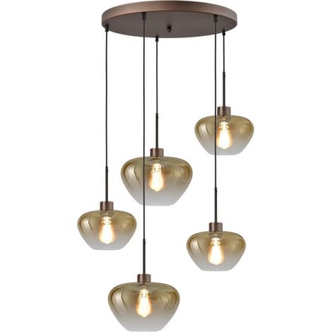 Suspension 5 lumières Genua marron avec 3x verre doré Ø 24cm et 2x Ø 29cm - 2972-15-15-50-5-2429 (1/3)