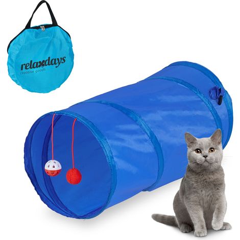 Relaxdays Tunnel pliable pour chat, LxD : env. 48x26 cm, avec jouets et sac de transport, jouet interactif, bleu (1/5)
