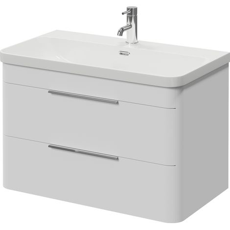 Oslo Gloss White 800mm Wall Mounted 2 Drawer Vanity Unit with Fina Basin - 800mm - Chrome 300mm Finger Pull