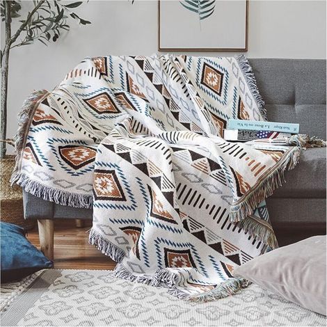 Couverture de canapé tricotée double face 130x180cm – Ultra douce et durable – Motif géométrique ethnique – Pour décoration intérieure et extérieure (1/5)
