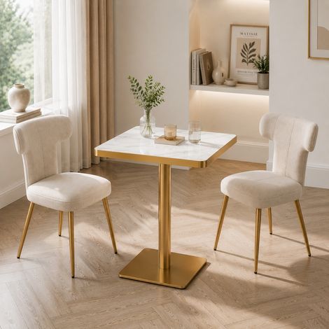 Table à manger carrée en plaque UV aspect marbre, piétement en métal, moderne (1/5)