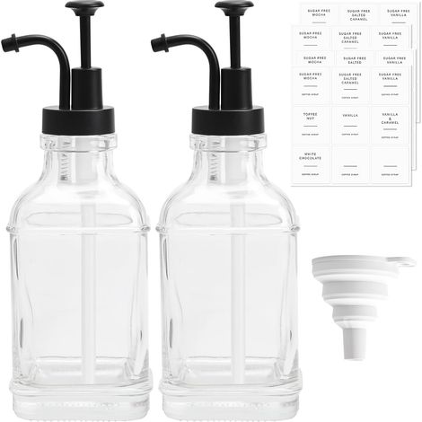 Set mit 2 x 500-ml-Sirupspendern aus Glas mit Pumpen und Etiketten für Kaffeesirup, Küche, Bar, inklusive Trichter und 36 Aufklebern (1/5)