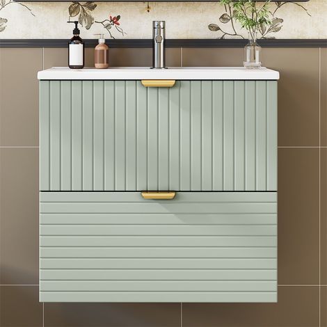 Meuble de Salle de Bain Suspendu - 61x46x57cm - MDF Laqué avec Vasque Céramique & 2 Tiroirs Soft-Close - Vert Menthe (1/5)