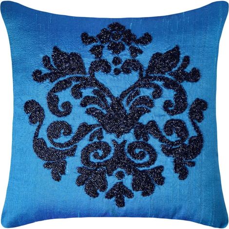 Maßgefertigter Kissenbezug, blau, 35 x 35 cm, Seidenkissenbezug mit Perlenstickerei, modernes Damastmuster – Damastseide blau