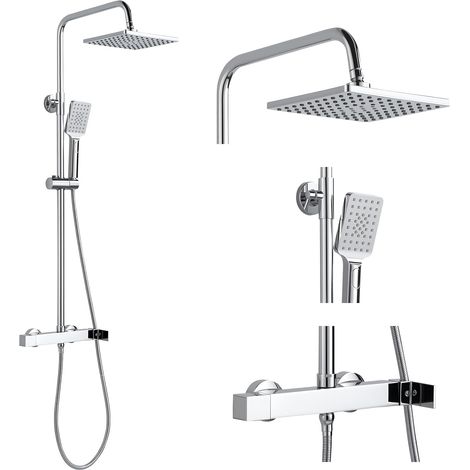 Colonne de Douche avec Mitigeur Carré sans Thermostat, 22 cm Tête de Douche Ensemble de Douche Réglable en Hauteur 80-117cm, Système de Douche Set Laiton Mural avec Douchette 3 Types de Jets, Chromé (1/5)