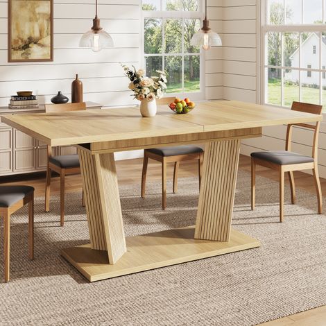 Ausziehbarer Esstisch Modern, Massivholz Optik Tisch, Stabiler Sockel mit Verstellbaren Anti-Rutsch-Füßen, Flexibler Esszimmertisch für Kleine Räume und Küche, Naturbraun (1/5)